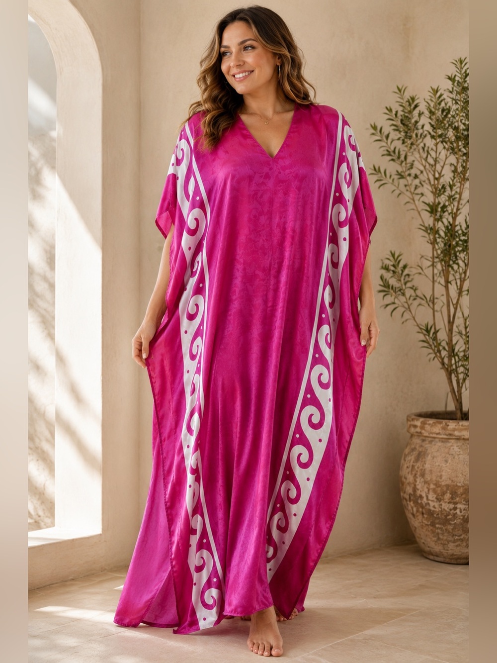 Magenta V-Neck Maxi Kaftan with White Scrolling Border Goddess by Winlar